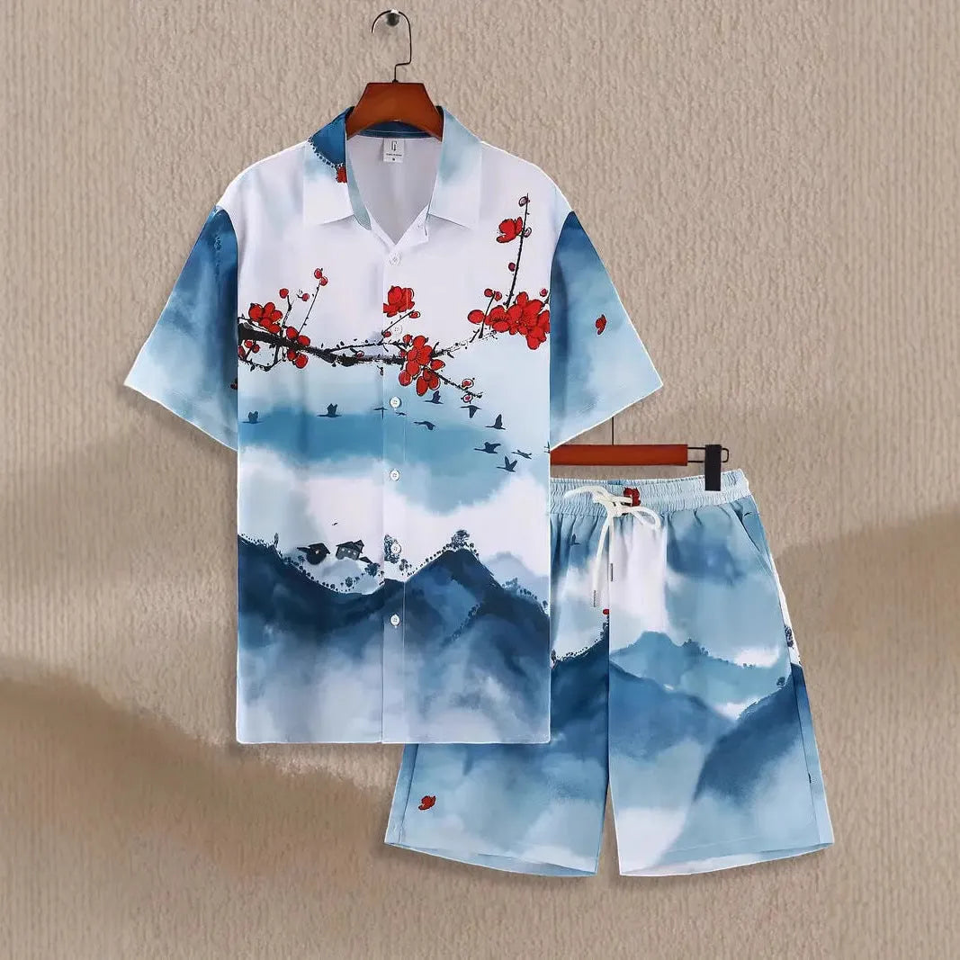 Men's printed short sleeve shirt and shorts summer casual leisure outfit