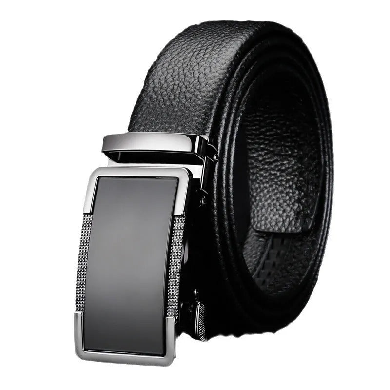 Men's leather belt with automatic comfort click buckle in gun black, silver, or gold colour