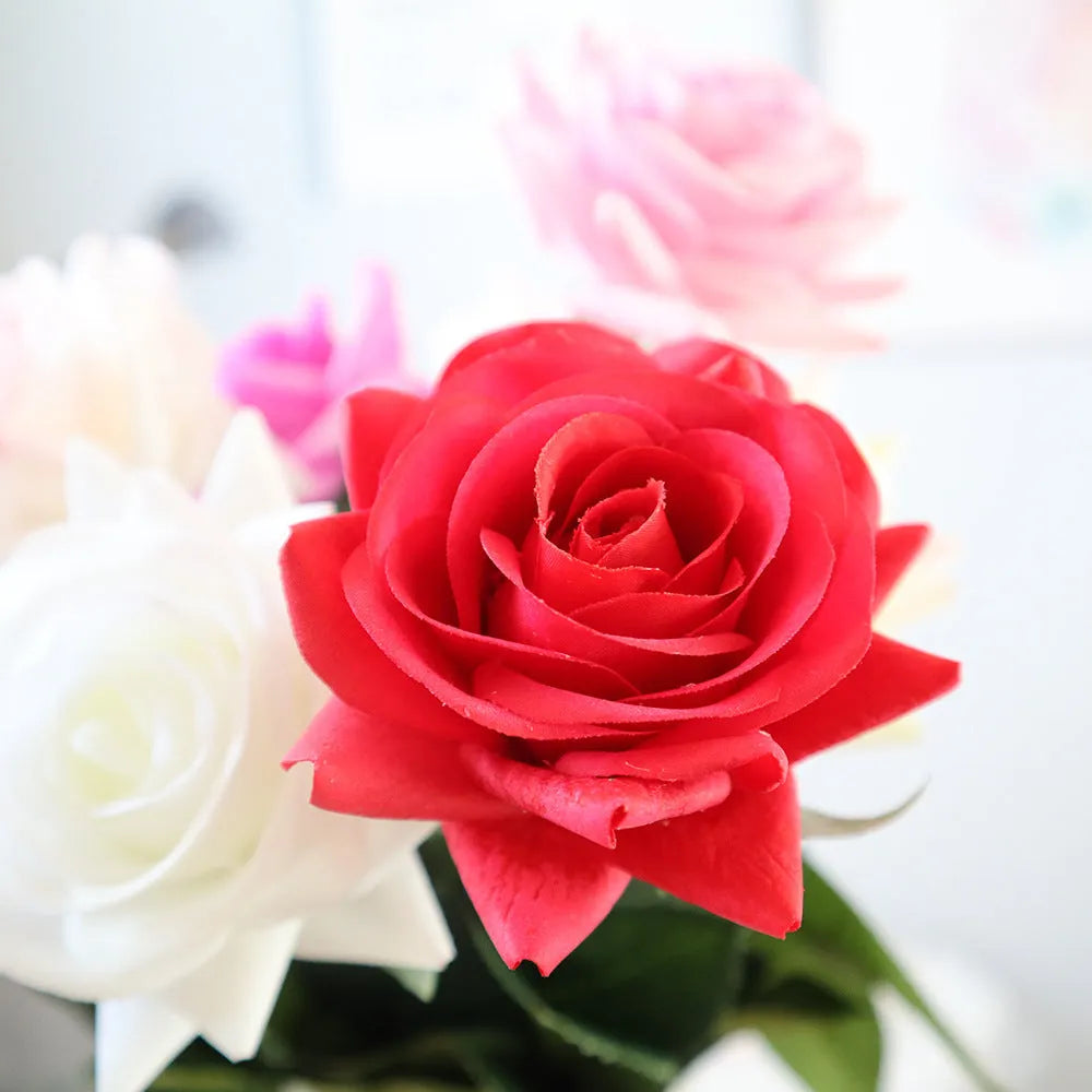 Artificial silk rose flower with fabric petals and plastic components, 42cm length with 8.5cm flower head