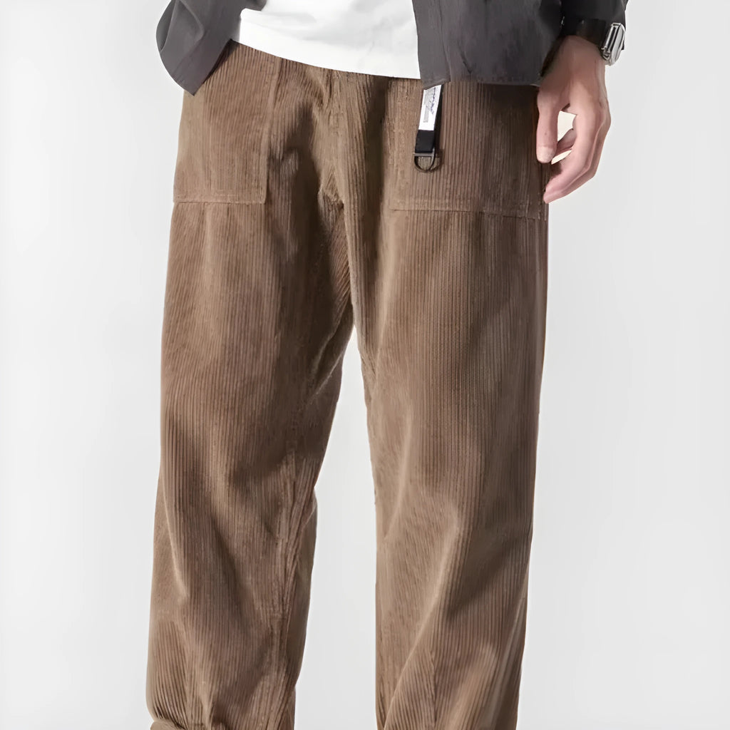 Loose straight tapered pants for men in dark gray, wide leg style, chemical fibre blend