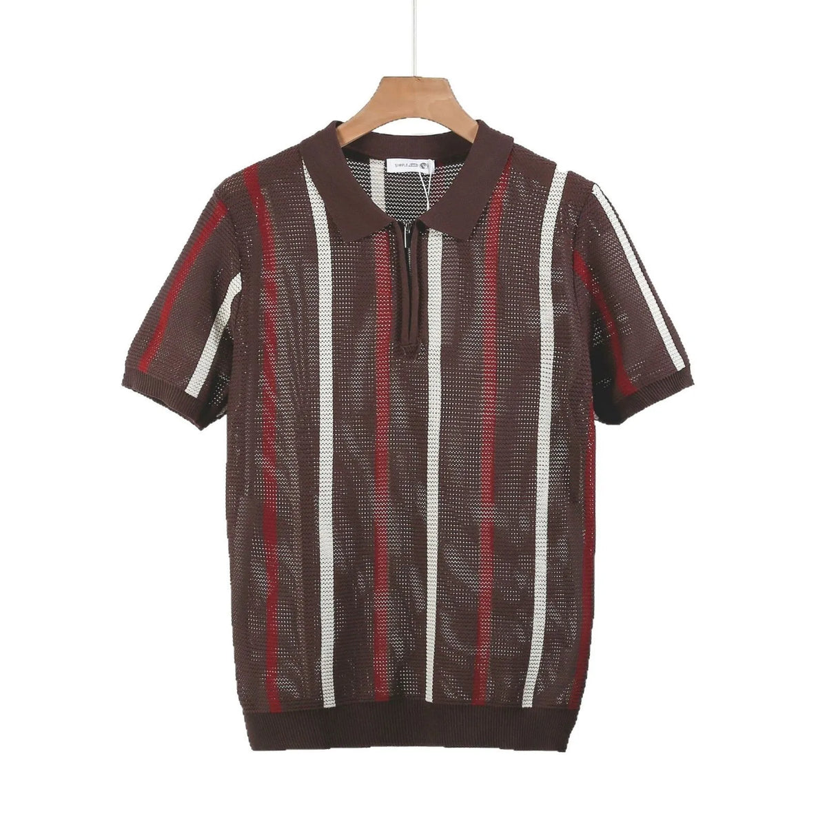 Short-sleeved loose-fit polo shirt with mesh knit fabric and zipper decorations.
