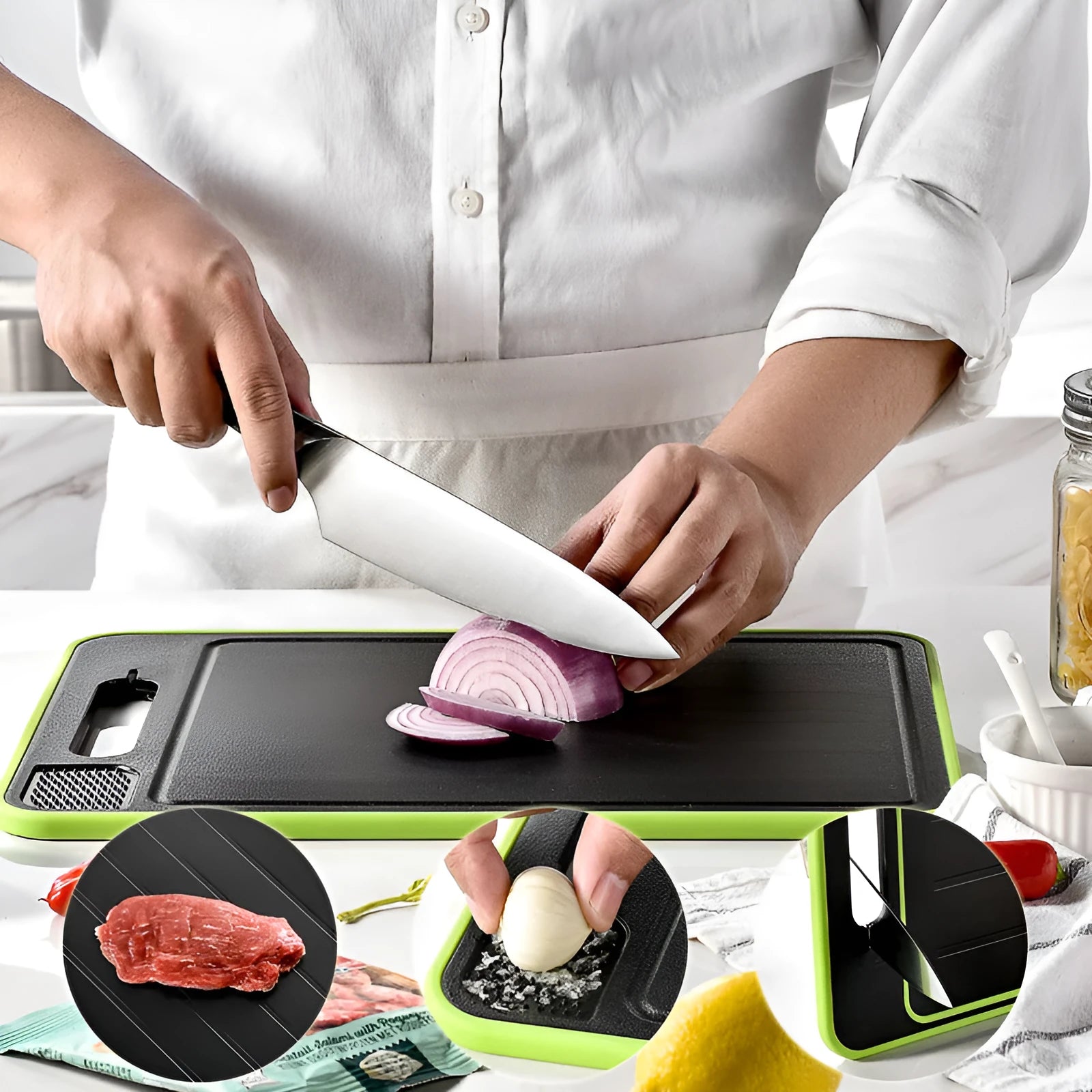 Grey square aluminium double-side cutting board with defrosting function and knife sharpener