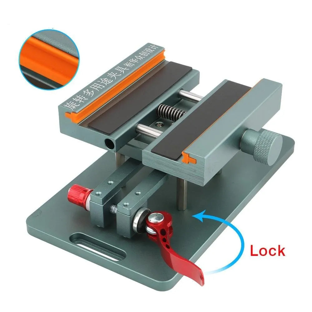 Mobile phone repair fixture with adjustable clamp and demolition crowbar tool