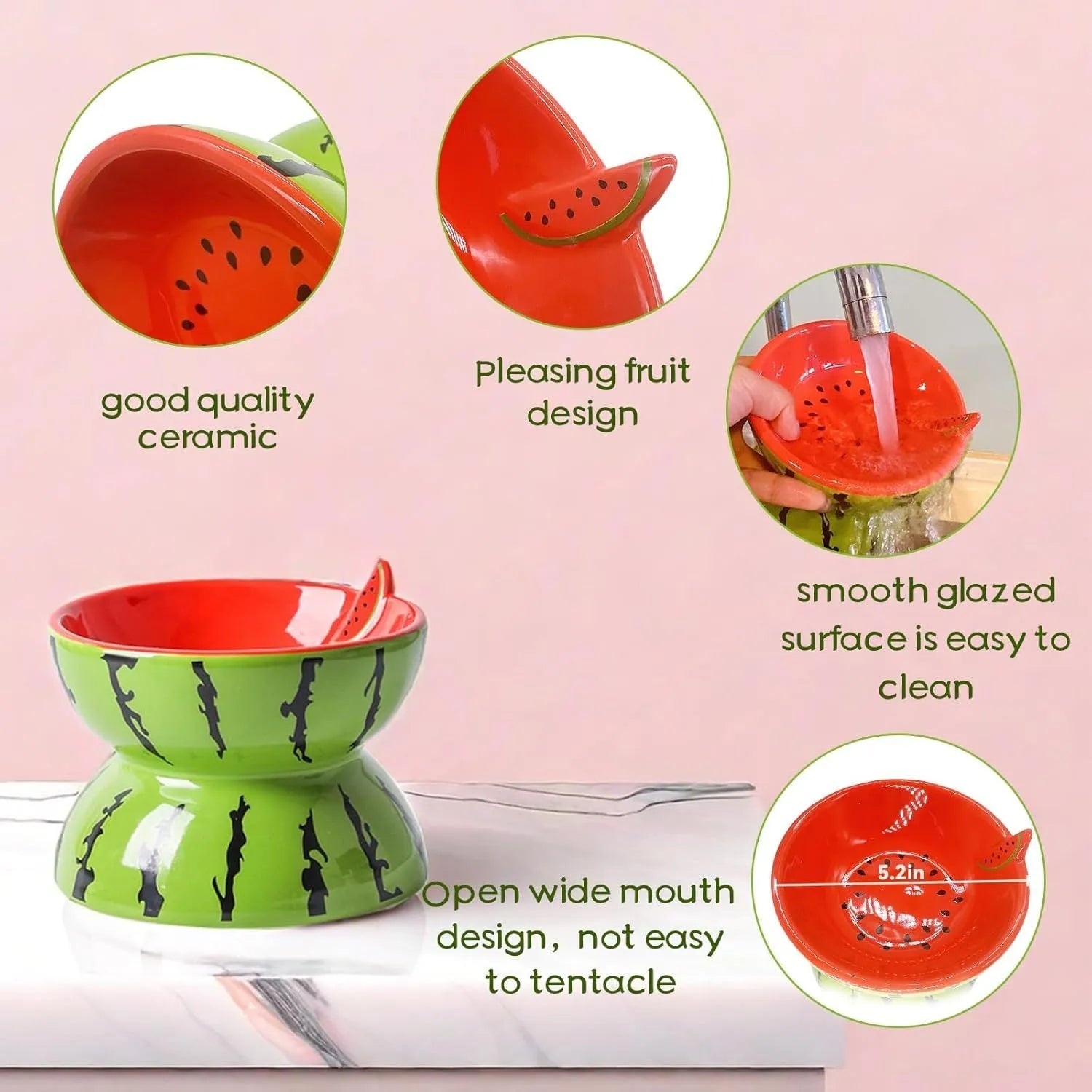 Ceramic elevated cat bowl with tilted design in orange, pitaya, or watermelon pattern.