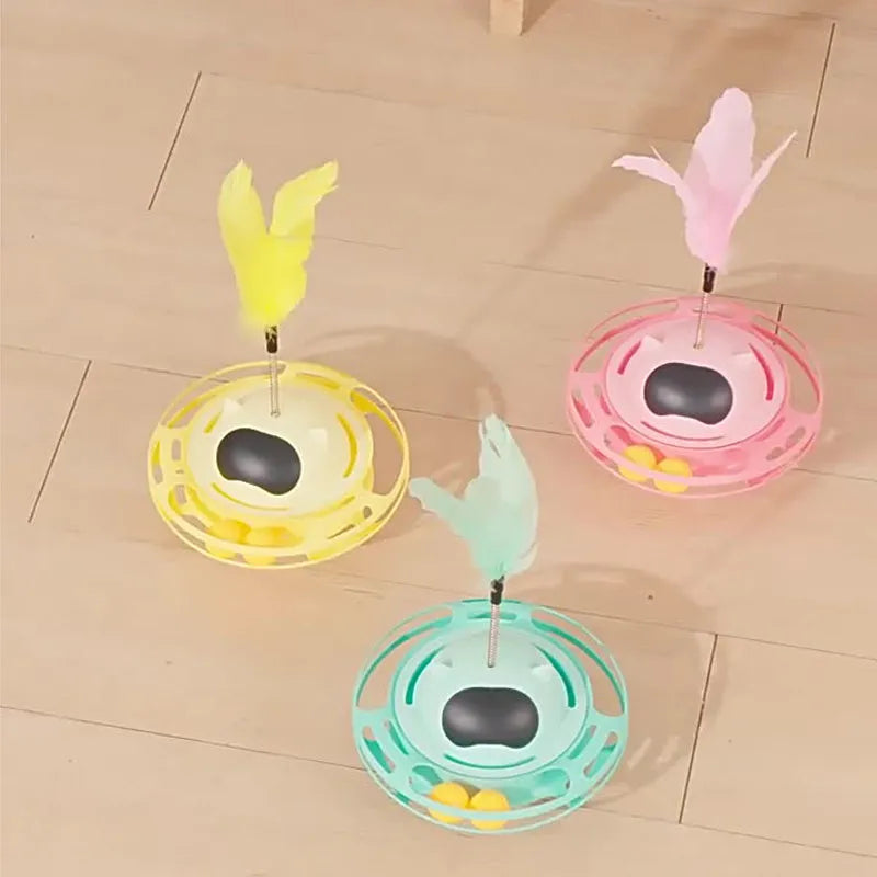 Pink cat tumbler turntable toy with self-hi stick measuring 17x10cm