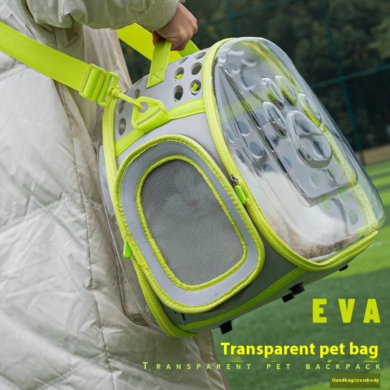 Hard EVA transparent cat carrier backpack in grass green, showing large space capsule design and backpack straps.