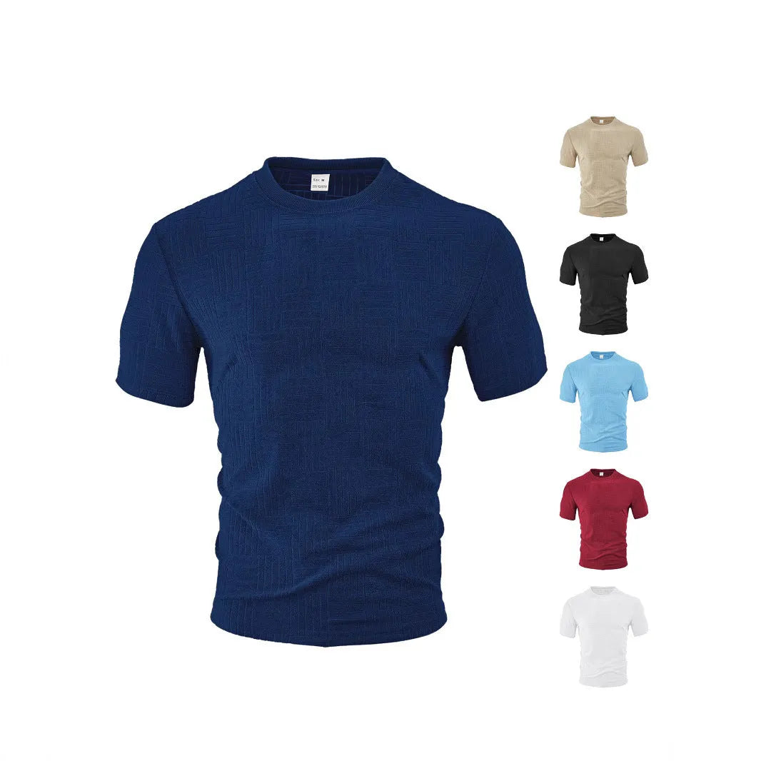 Casual loose breathable round neck towel jacquard short sleeve top in light blue, front view