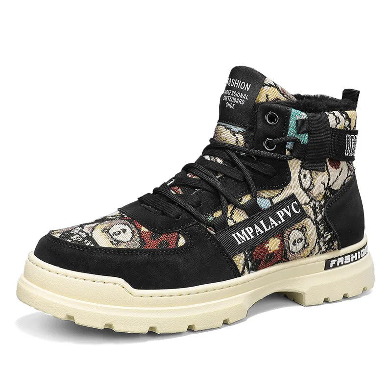 Fleece-lined men's Martin boots in beige Black with chunky heel, high-top shaft, and front lace-up closure