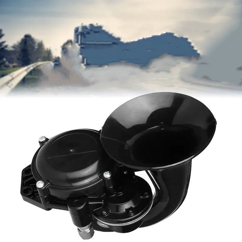 Black metal snail whistle truck horn with gas pipe joint for 12V-24V air source vehicles