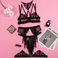 Black women's mesh bikini bra with embroidery stitching, three-point style.