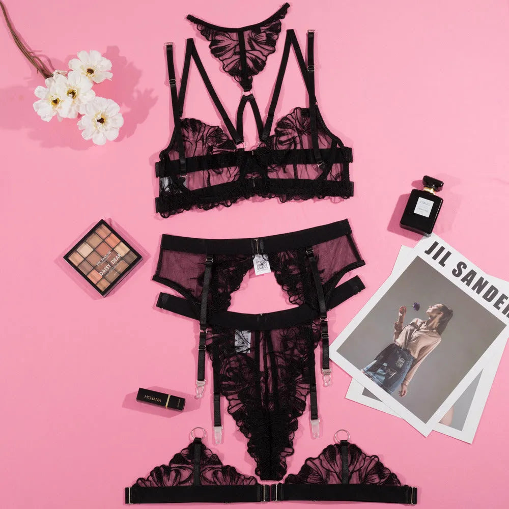 Black women's mesh bikini bra with embroidery stitching, three-point style.