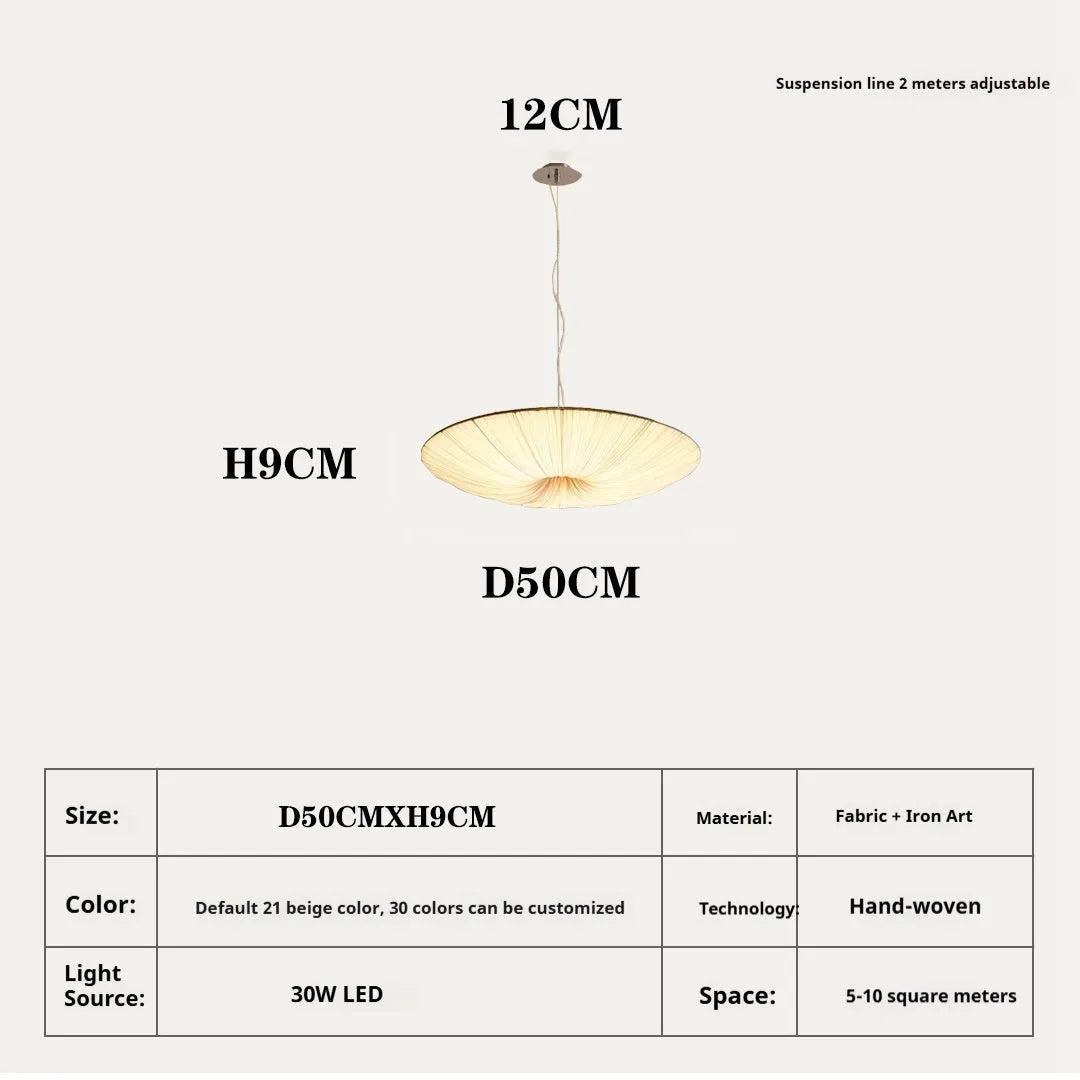 Beige minimalist chandelier, 50cm or 60cm diameter, alloy and fabric ceiling pendant with included light source