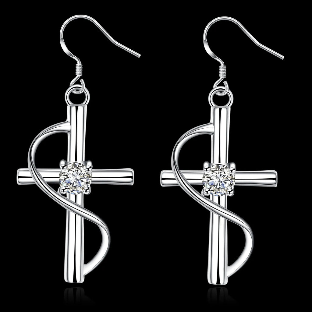 White elongated cross earrings, gold-plated metal women's drop earrings sold by pair
