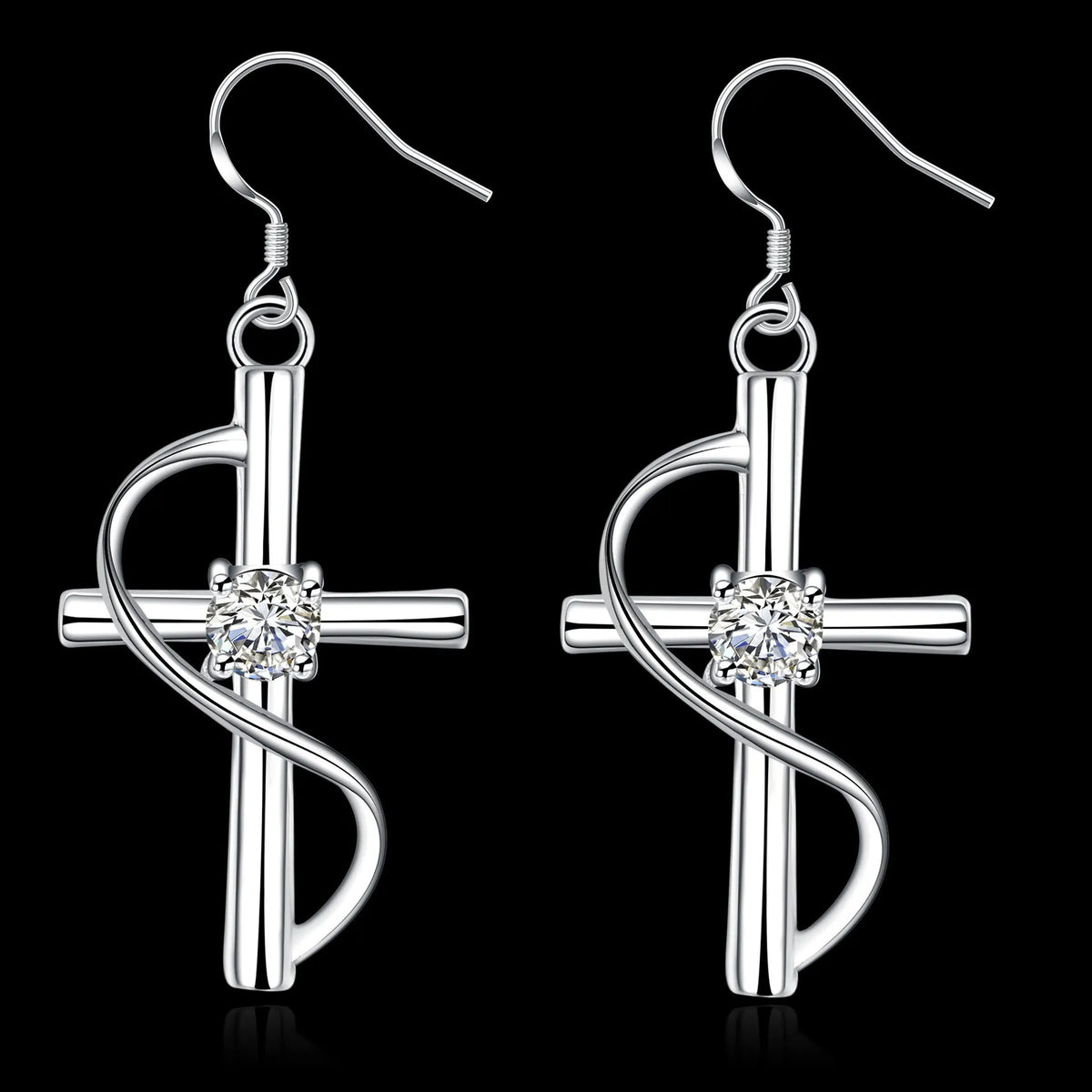 White elongated cross earrings, gold-plated metal women's drop earrings sold by pair