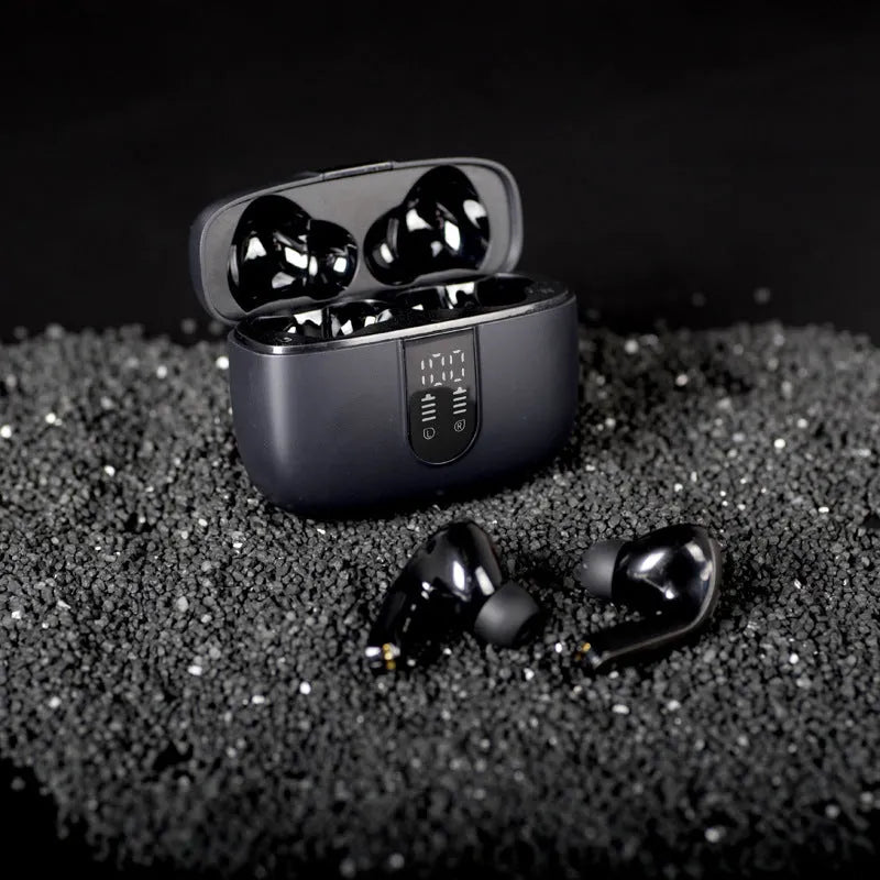 Jerry X08 wireless Bluetooth in-ear headphones in black, grey, or white with digital display and charging case.