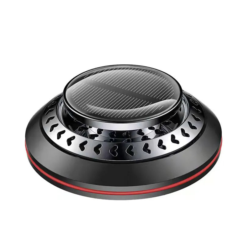 Solar-powered car air purifier in black, red, or silver aluminium alloy with essential oil diffuser