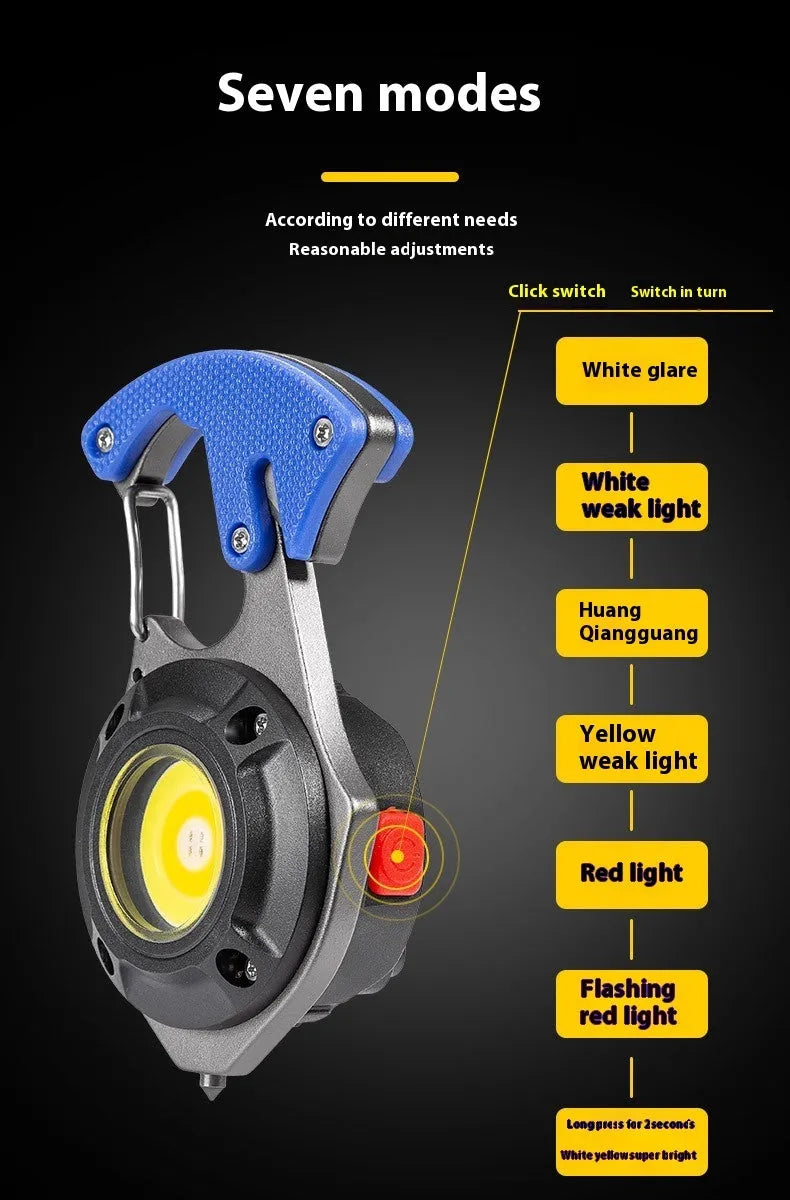 Portable keychain torch with window-breaking hammer, screwdriver, and smart display showing lighting modes
