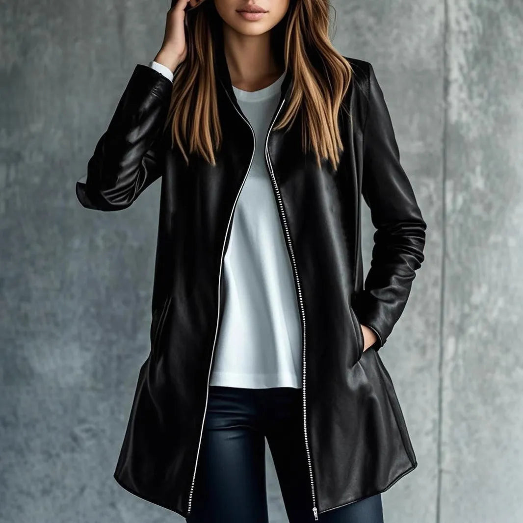 Solid black women's leather jacket with medium 65cm length and long sleeves