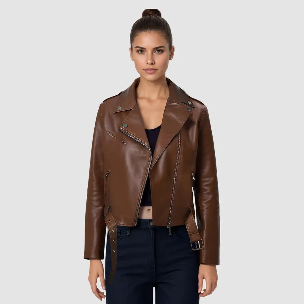 Women's black PU leather motorcycle jacket with lapel collar and waist belt detail