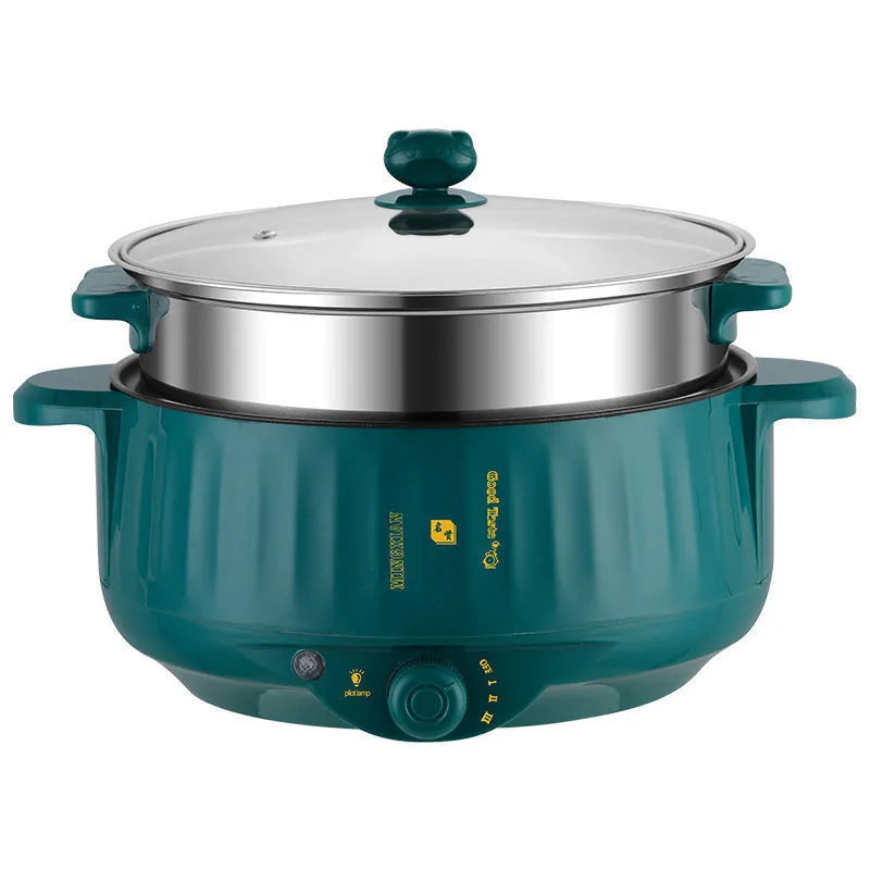 Electric hot pot with non-stick interior and stainless steel body in green or white colour options