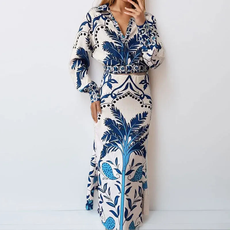 Women's polyester spring co-ord set with long sleeve top and matching long skirt in picture colour