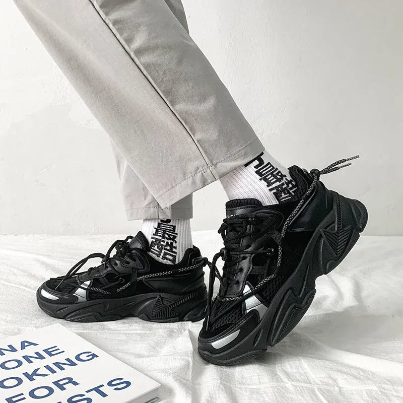 Men's white Korean style platform dad shoes with front lace-up and chunky sole on a plain background.
