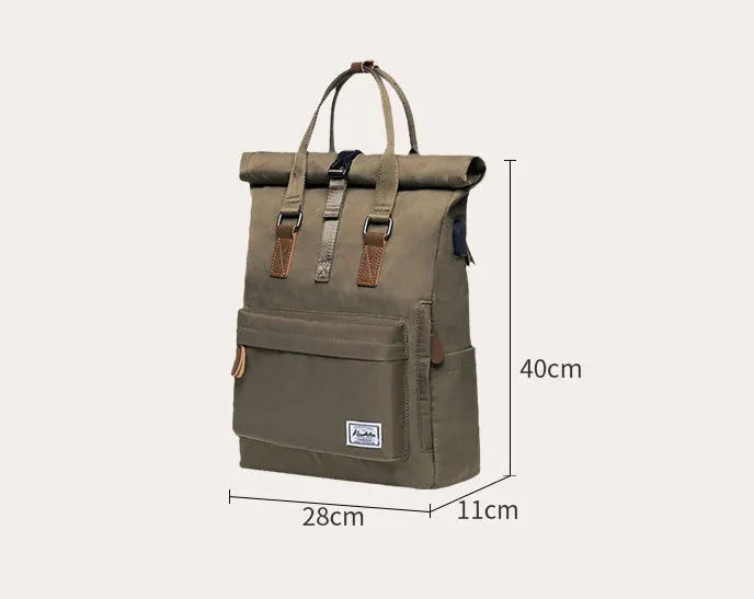 Men's casual polyester backpack in dark grey showing front view and open compartment with laptop pocket.