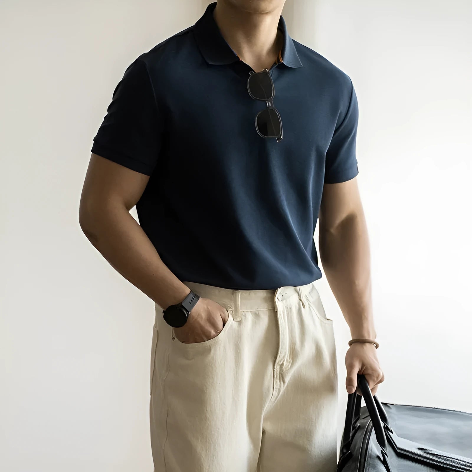 Man's blue short-sleeved cotton blend polo shirt with a collar, regular fit for summer.
