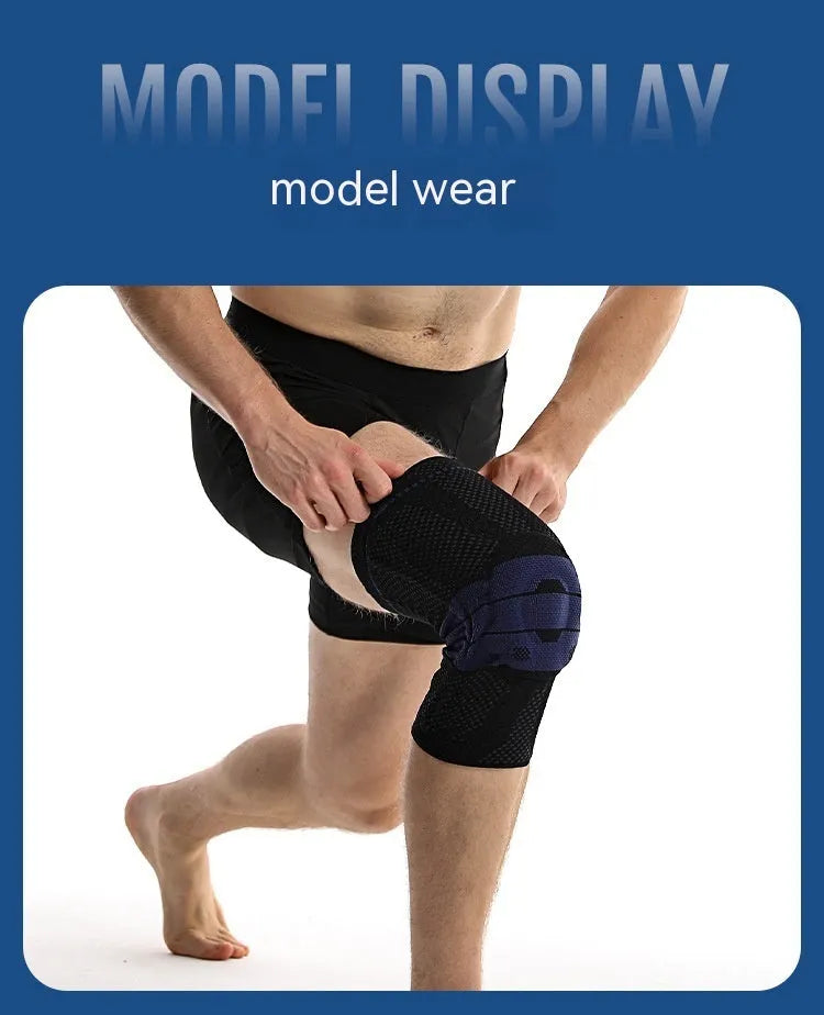 Black and blue adult sports knee pad made of nylon and spandex for basketball and running.