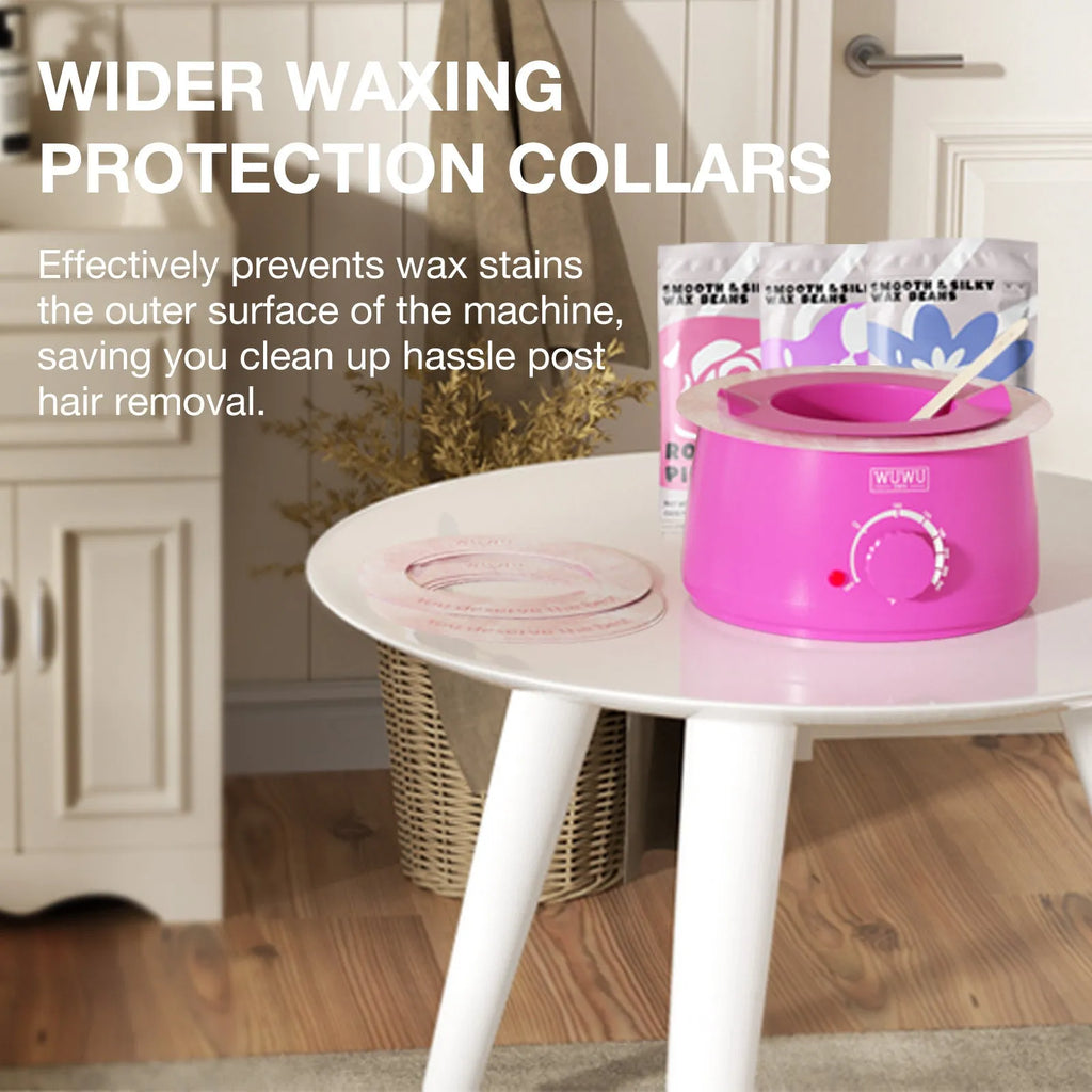 Professional waxing kit with wax warmer, pots of hard wax beans, applicator sticks, post-care lotion, and ice masks.