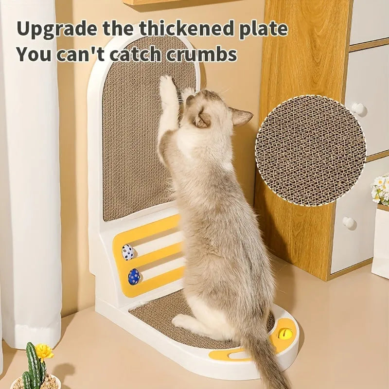 L-Shape vertical cat scratching board in grey, green, or white, showing thickened cardboard construction.
