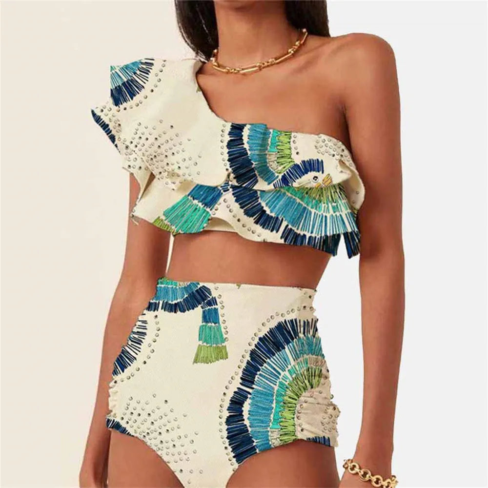 White women's one-shoulder swimsuit with double-layer construction and lotus leaf design