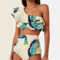 White women's one-shoulder swimsuit with double-layer construction and lotus leaf design
