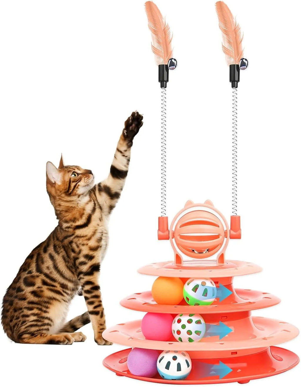 Blue 4-tier interactive cat puzzle toy with six plastic balls on circular tracks and teasing rods