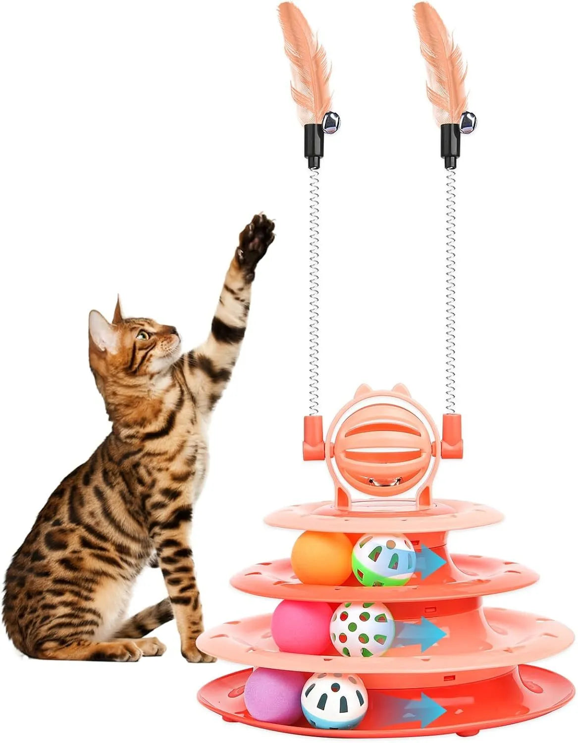 Blue 4-tier interactive cat puzzle toy with six plastic balls on circular tracks and teasing rods