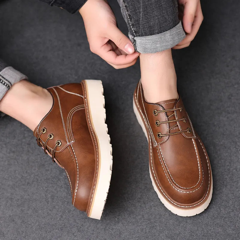 Men's black and brown Martin boots with round toe and non-slip rubber sole