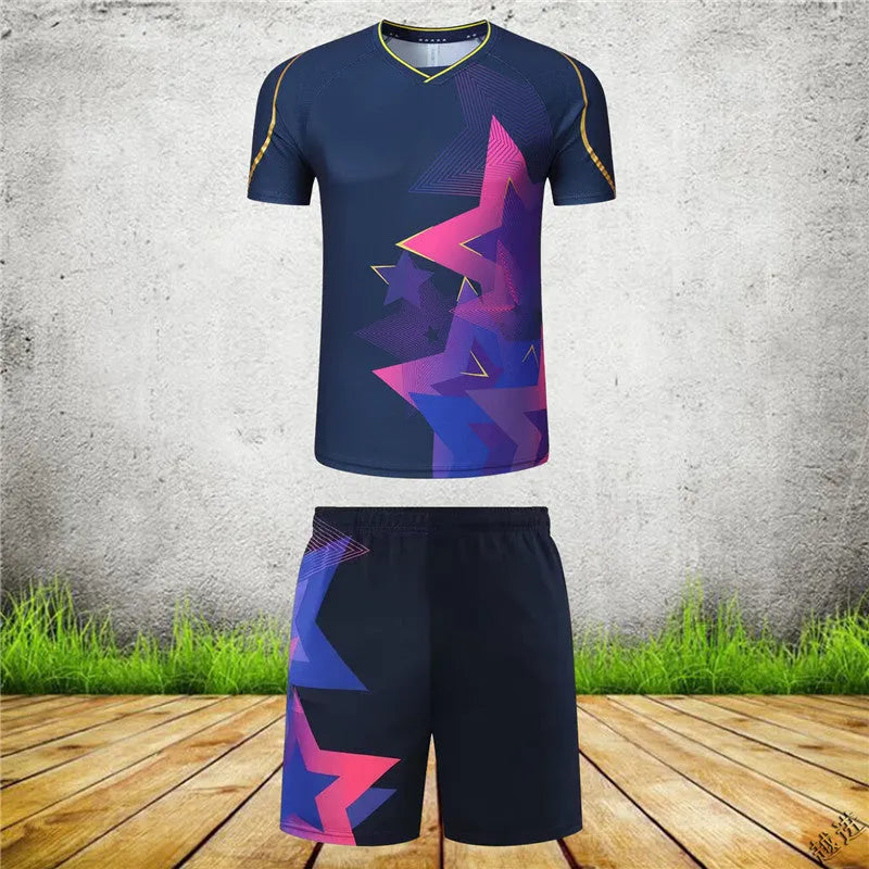 Badminton sportswear outfit set showing a short-sleeved top and matching trousers in a blue colour.