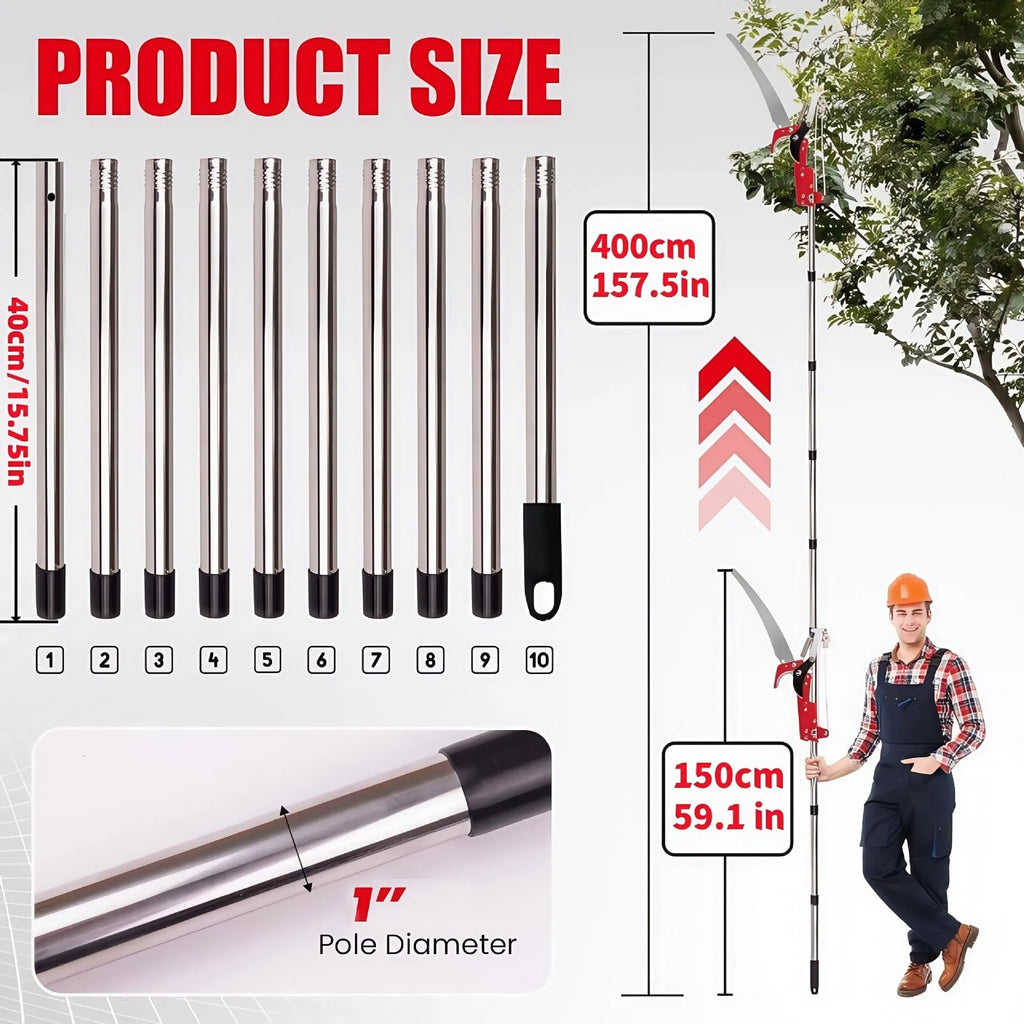 Pull rope pruning shears with 8-section 3.3m metal pole for high branch cutting