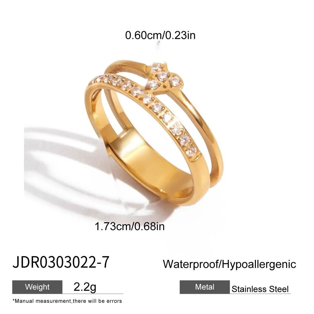 Geometric stainless steel zircon ring on a grey background showing European and American style.