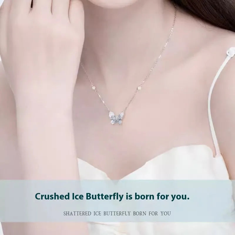 Bingyu butterfly necklace in S925 silver with ice rain pendant on adjustable chain