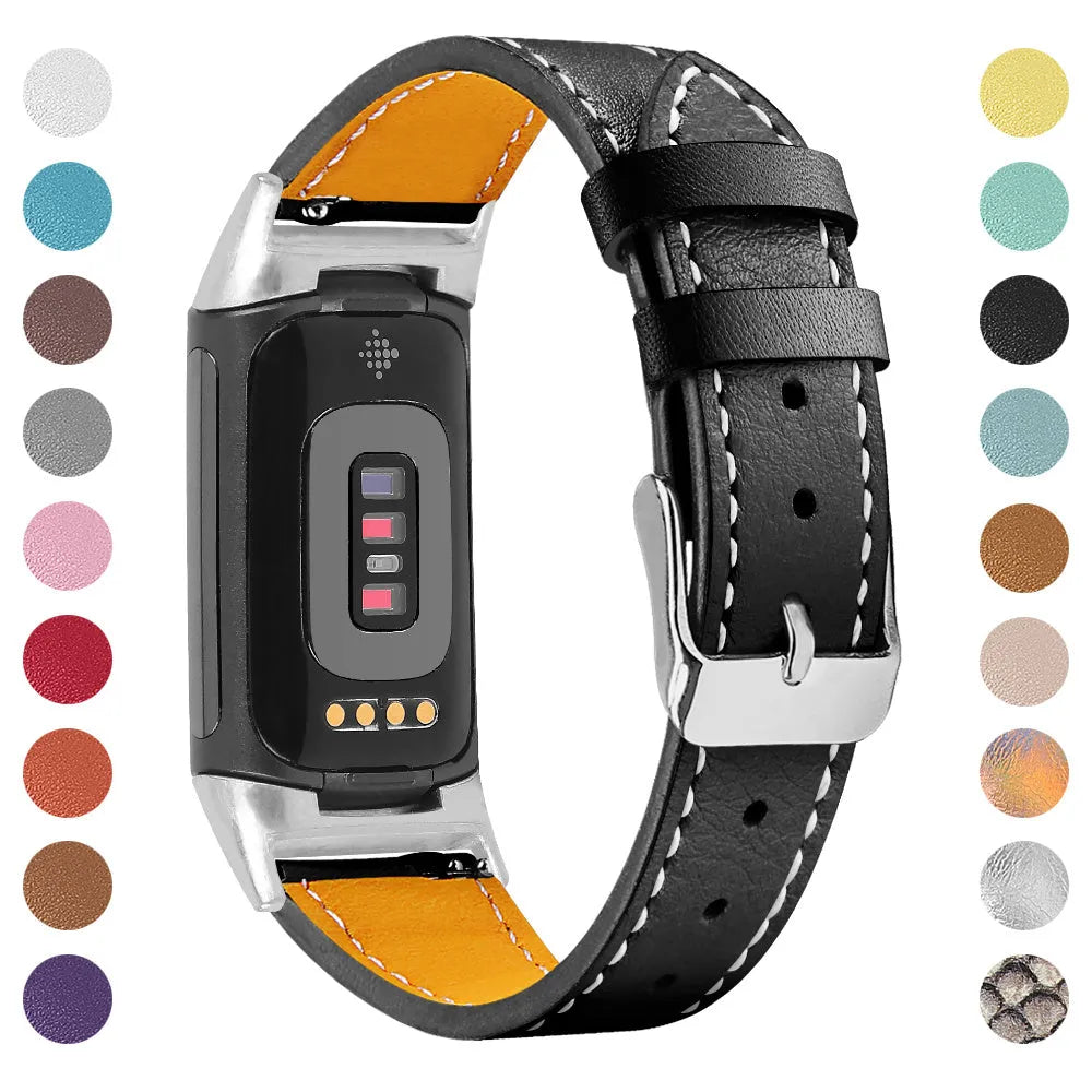 Genuine cowhide leather replacement strap for Fitbit Charge 5 and Charge 6 smartwatches in multiple colours.