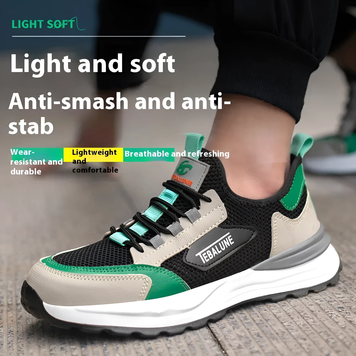 Black green mesh plastic steel toe safety shoes with flyknit upper and low-top design