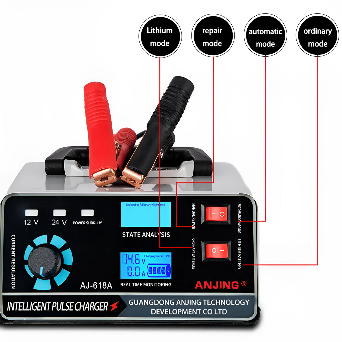 400W automobile battery charger for 12V and 24V lead-acid batteries with pulse repair and multiple protections