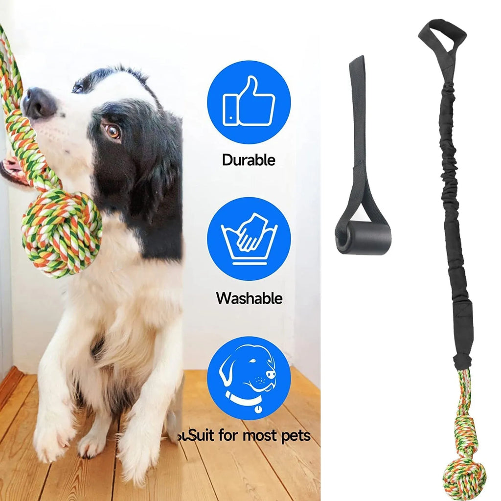 Cotton thread dog tug of war rope toy in choice of black, grey, or red colours.