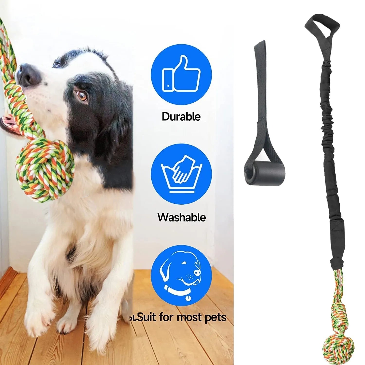 Cotton thread dog tug of war rope toy in choice of black, grey, or red colours.