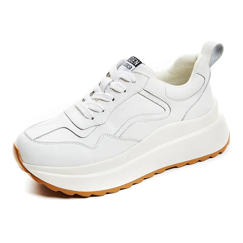 Women's white cowhide leather casual sports shoes with cross-strap and English muffin heel design