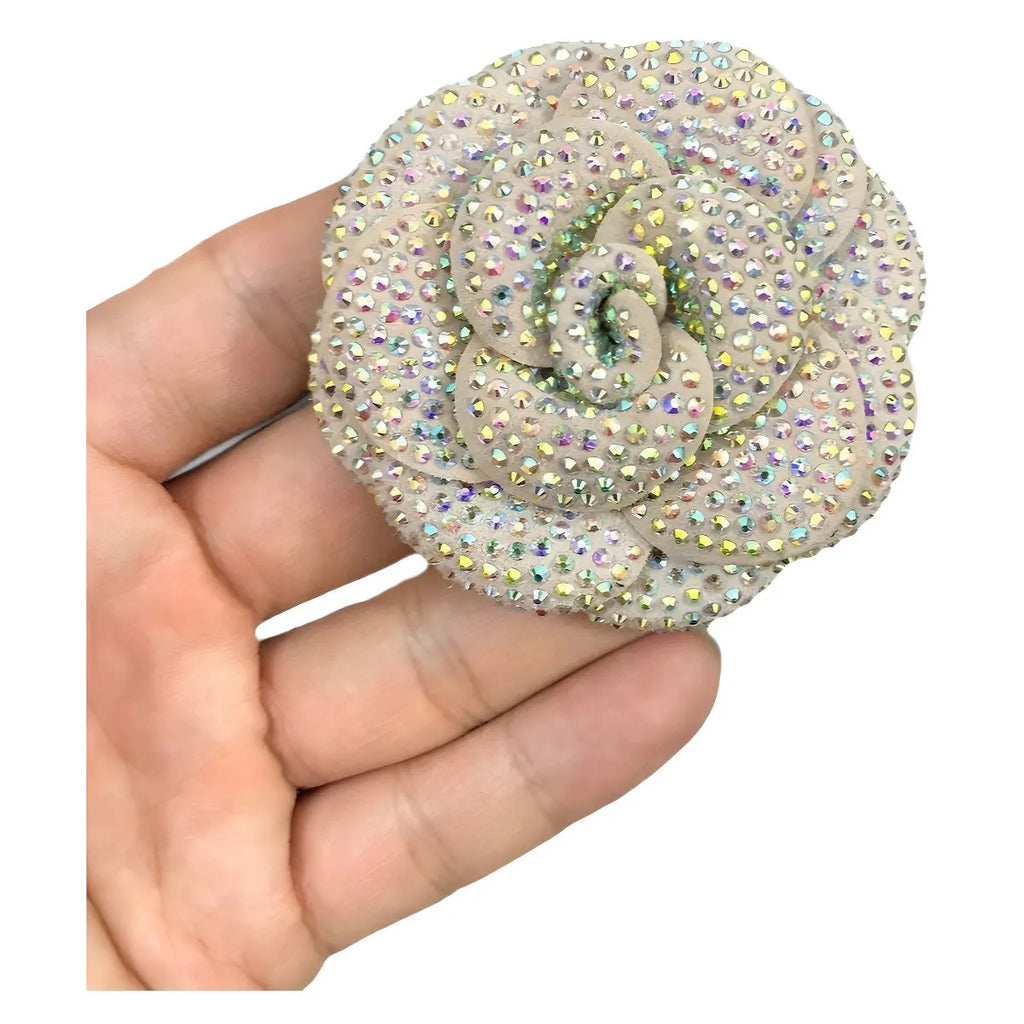 Genuine leather shoe brooch ornament with floral design and crystal accents in various colour combinations