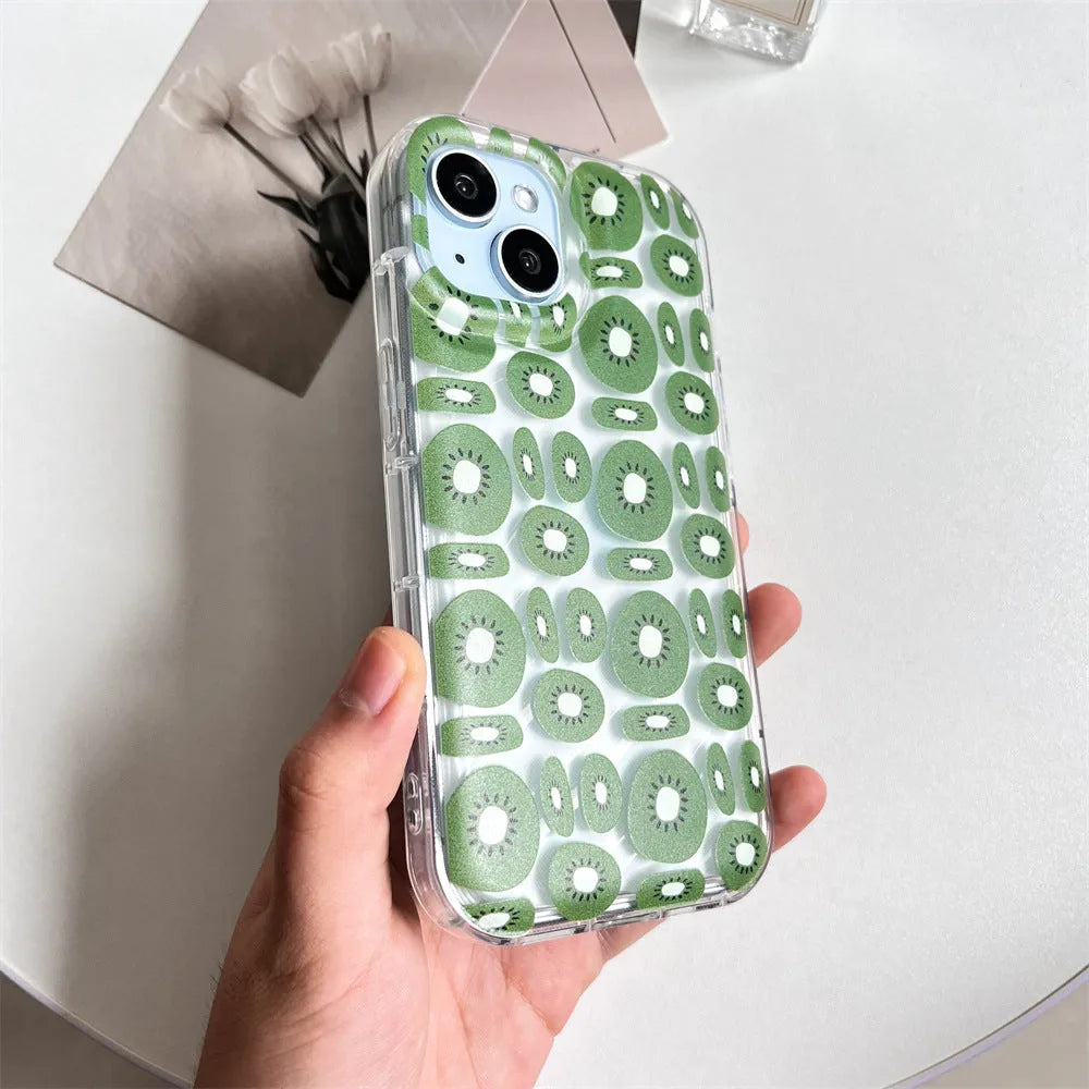 Transparent sliced kiwi fruit phone case for iPhone 11 to 16 series, TPU all-inclusive cover.