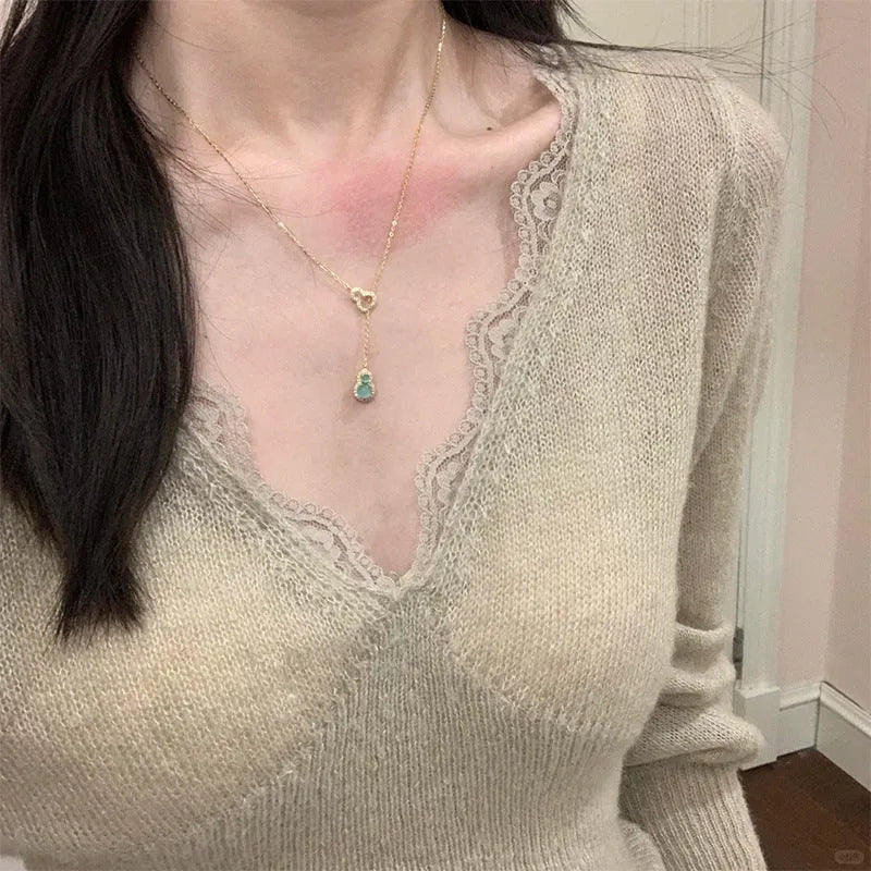 925 silver double gourd jade necklace with O-link chain and electroplated finish, 41-50cm