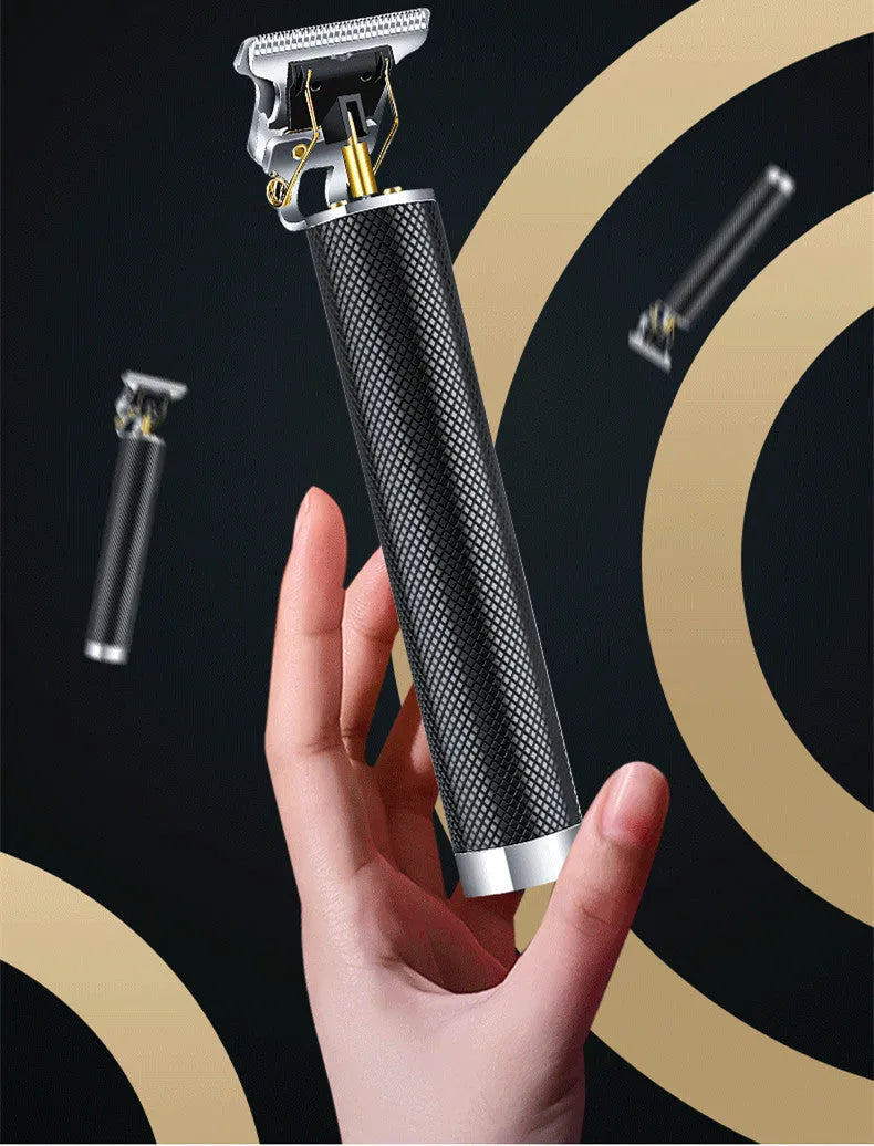 Black rechargeable electric hair clipper with gold steel blades, four plastic combs, and a cleaning brush on a white background.